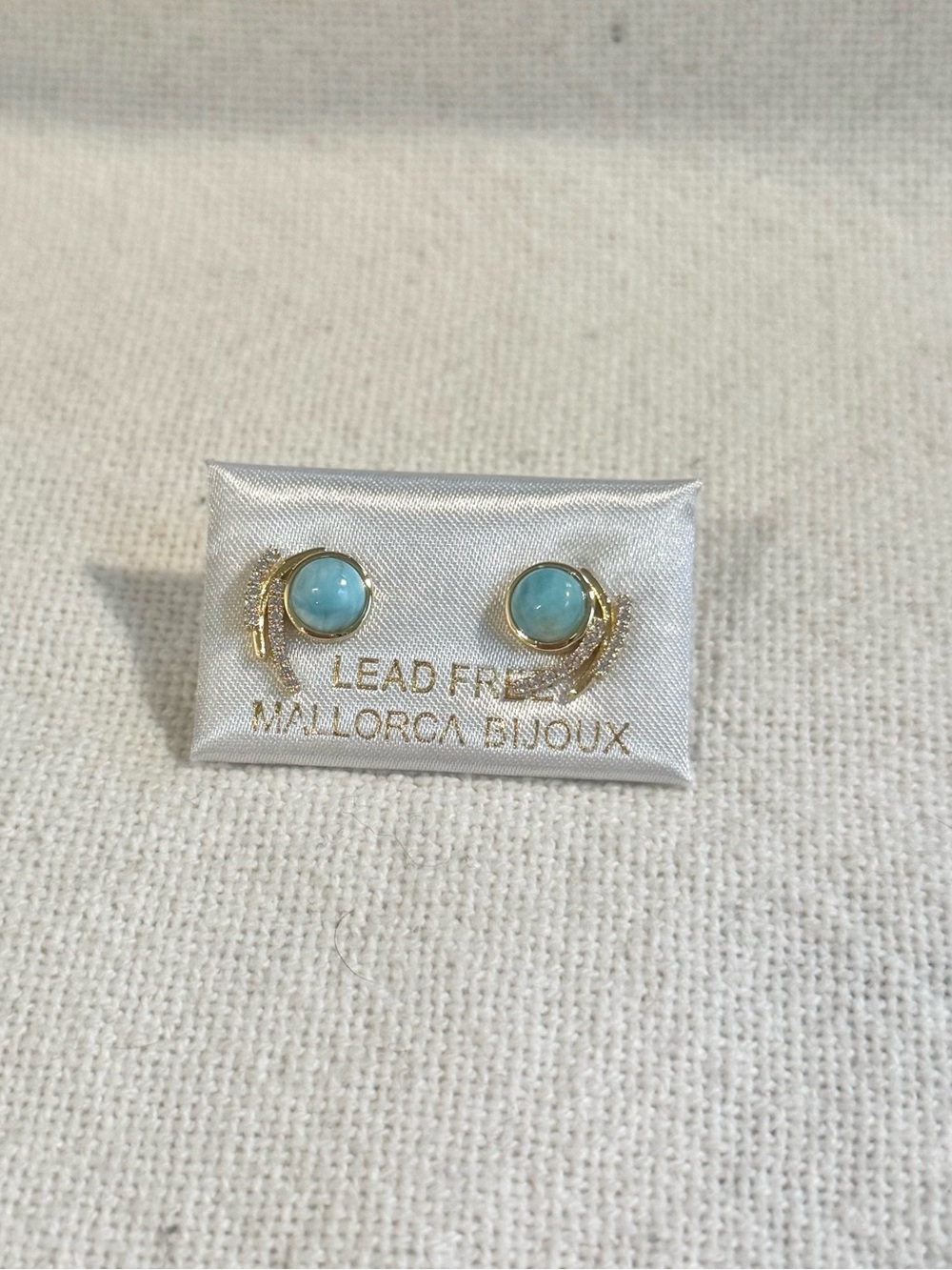 NEW! Gold Plated Larimar stone Stud Earrings with CZ - Picture 4 of 4